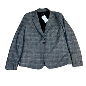 MNG Basics Women's Blazer Plaid Grey Blue Single Button Career Size 12